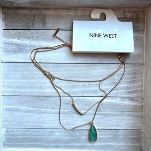 Nine West Gold Tone Layered Necklace Green Teardrop Pendant